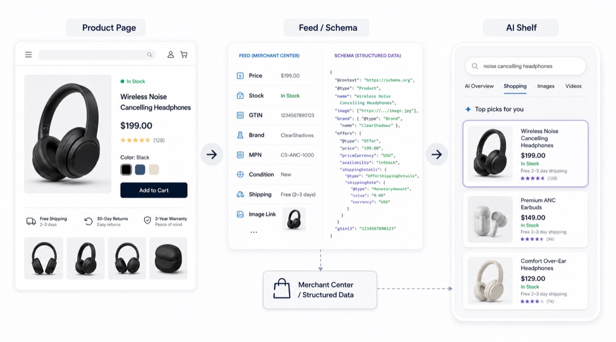 商品feed、结构化数据和产品页必须说同一套事实 商品feed和Product结构化数据链路:产品页、Merchant Center商品数据、Schema结构化数据流向AI购物货架
