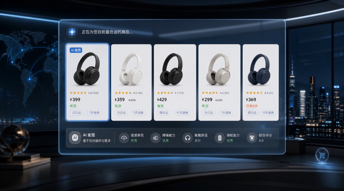 AI购物货架会先比较商品事实,再决定是否推荐你的SKU AI导购出海中的AI购物货架:系统按价格、库存、评分、配送和退货信号比较多个商品卡片