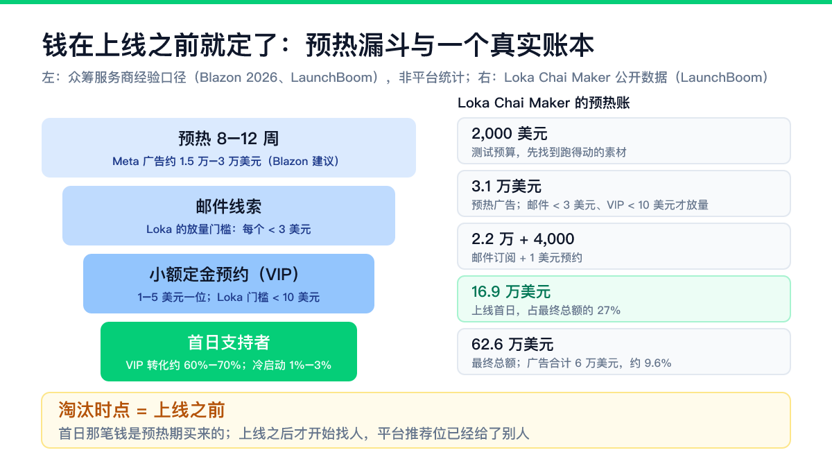 Kickstarter众筹预热漏斗：预热 8 到 12 周、邮件线索、小额定金预约 VIP、首日支持者；Loka Chai Maker 预热广告 3.1 万美元、2.2 万邮件与 4000 个 1 美元预约、首日 16.9 万美元占总额 27%